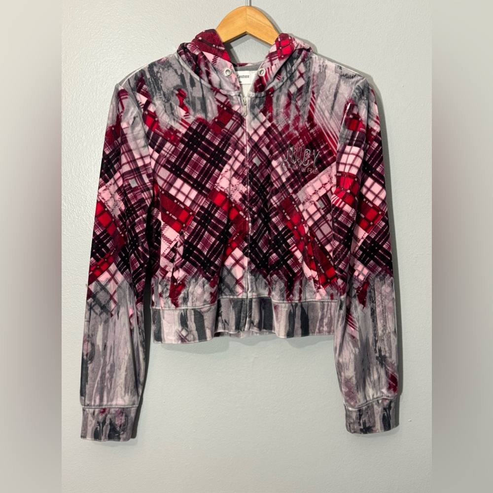 Juicy Couture Velour Tie Dye Plaid Velvet Hoodie Sweatshirt | Medium